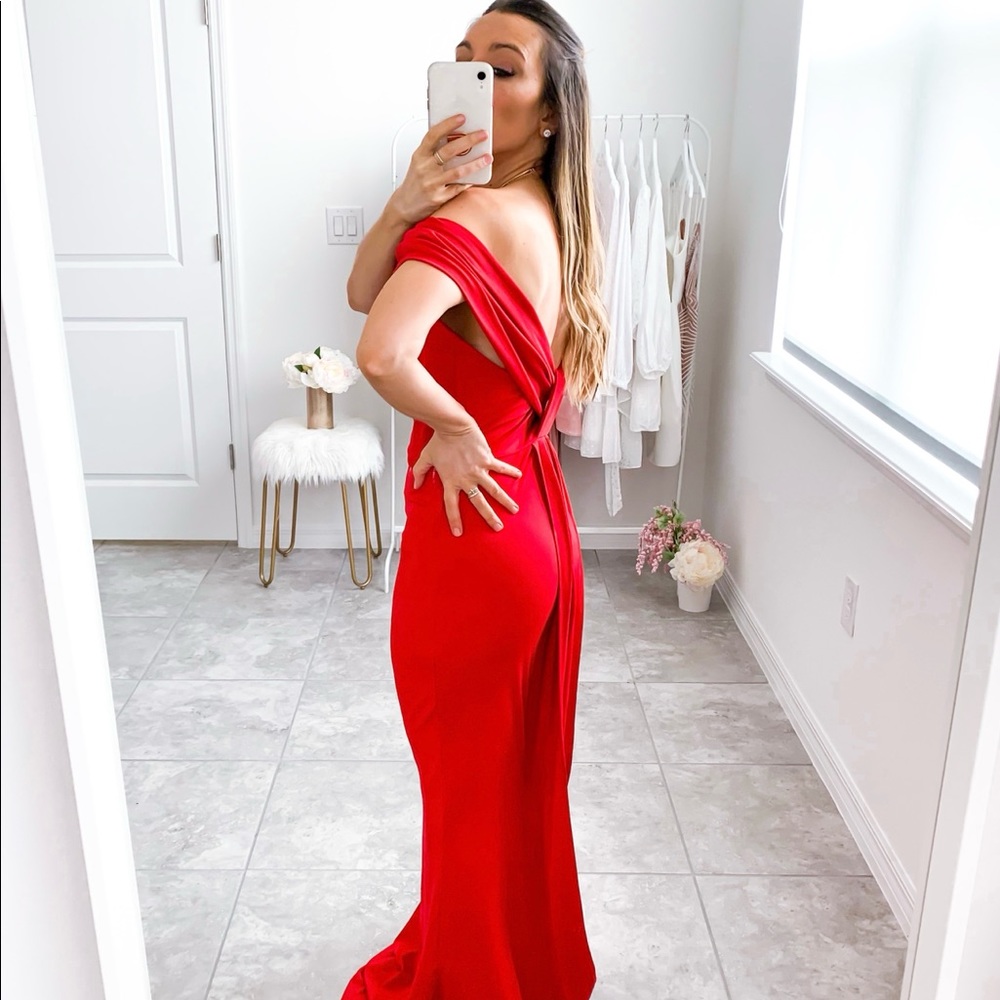 Red Off Shoulder Overlap Special Occasion Dress - Picture 8 of 8